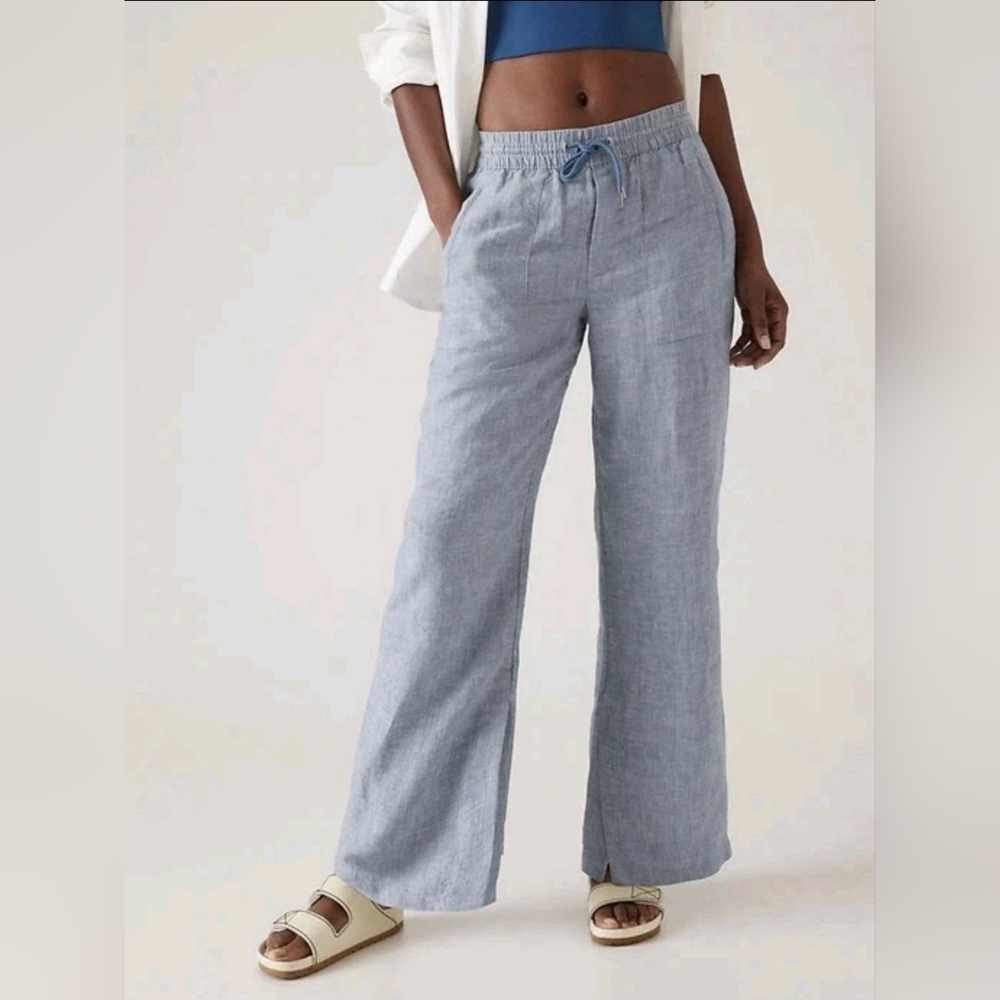 ATHLETA 100% LINEN  Chambray Blue RETREAT Slit WIDE LEG Pants Sz 14
